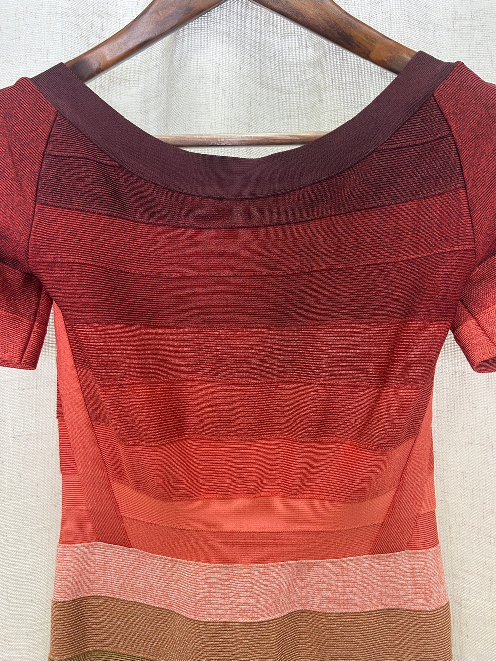 Herve Leger Signature Bandage Striped Ombre Dress in Burgundy, Coral & Tan - Picture 4 of 15